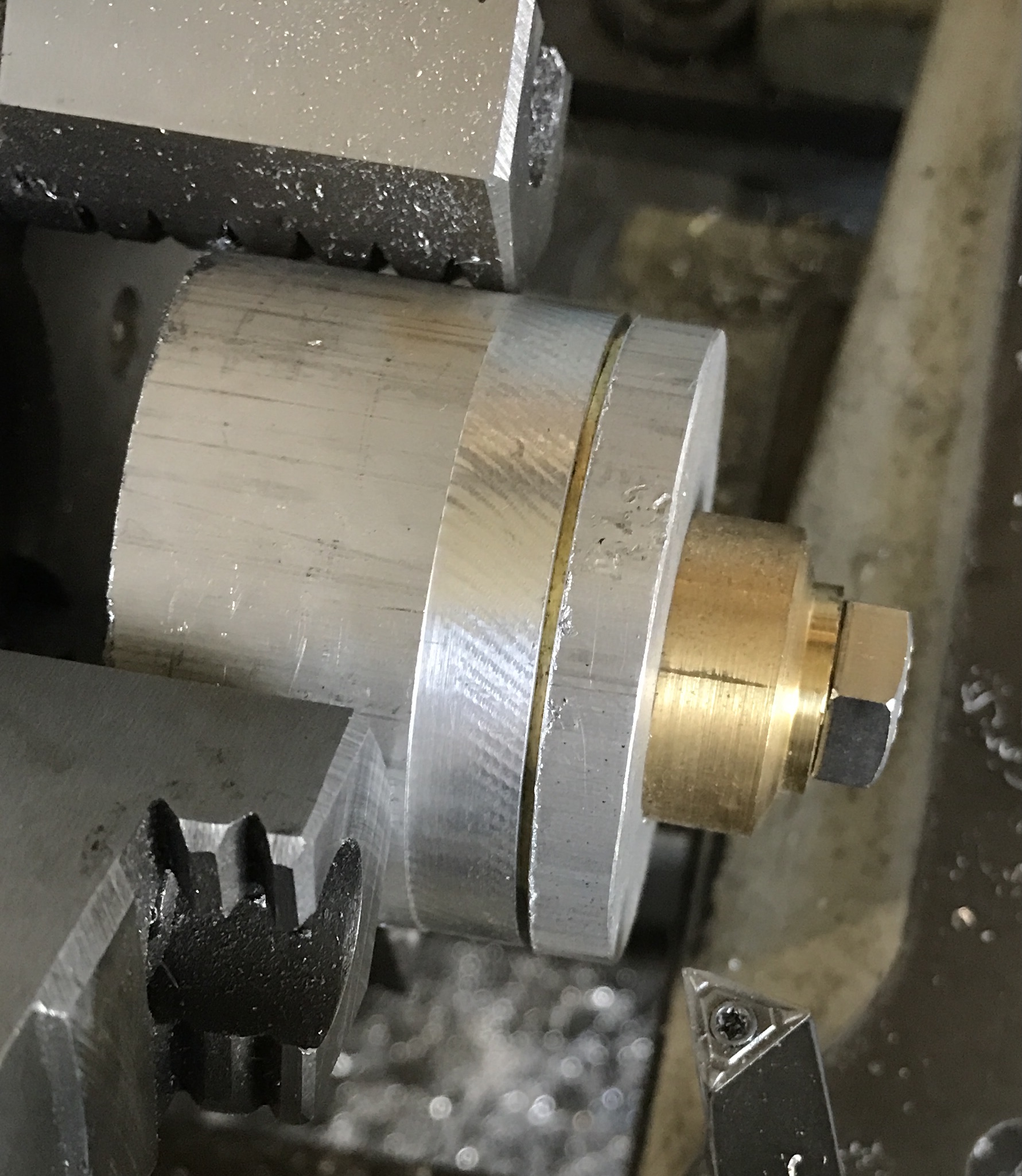 The setup to cut the outside of the internal gear